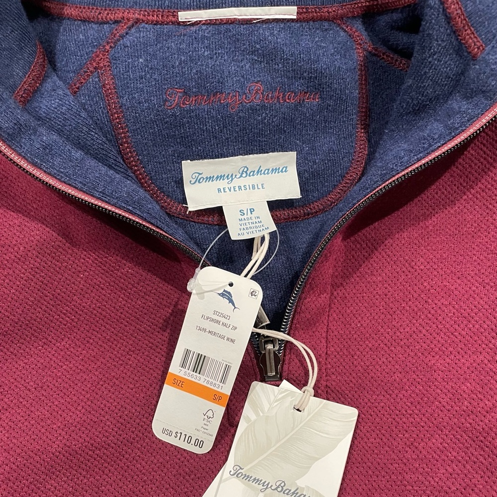 TOMMY BAHAMA REVERSIBLE RED/BLUE TURTLE NECK SWEATER . NEVER USED WITH TAG.